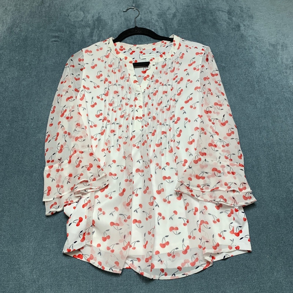 Charter Club Blouse Top Womens Large Petite White Cherry Printed Sheer Pintuck